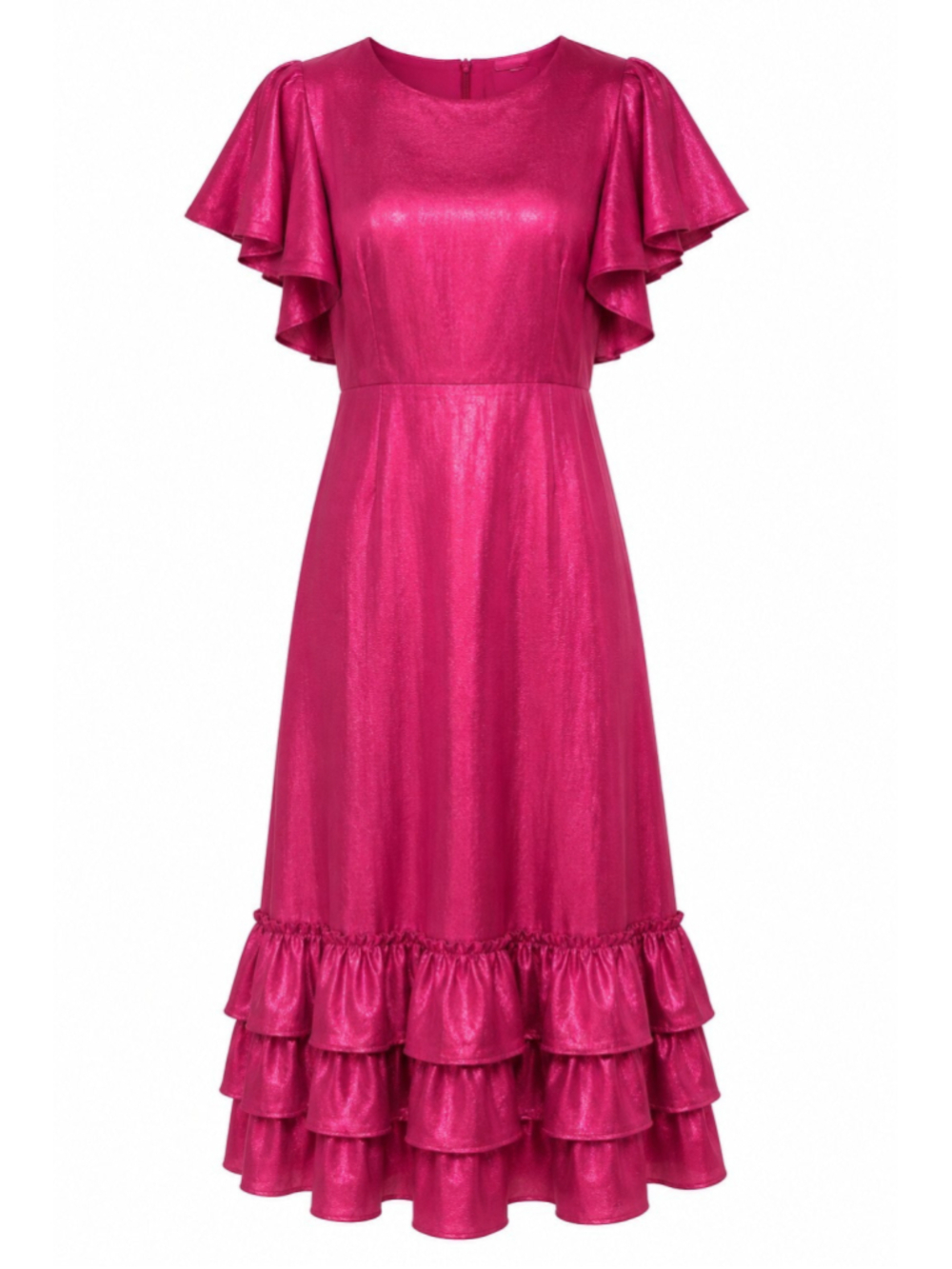 Rachel Parcell Flutter Sleeve Ruffle Midi Dress Metallic Pink Berry Size 12 NWT